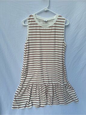 Striped Ruffle Hem casual Sleeveless  Cream & Brown cute dress 0133